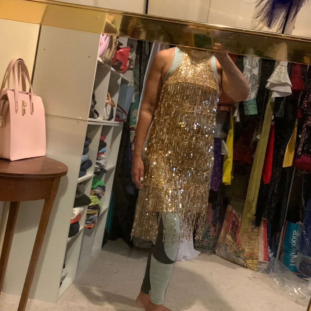 Gold sequin fringe 1920s dance costume with built-in leotard AL Weismann